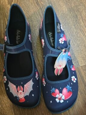Womens Navy Bat & Strawberry Mary Jane Shoes Hot Chocolate Design size 8
